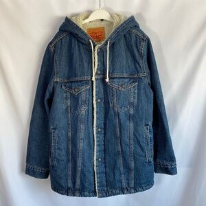 Levi's Sherpa Lined Denim Jacket with Hood Blue Medium Water Less Technology